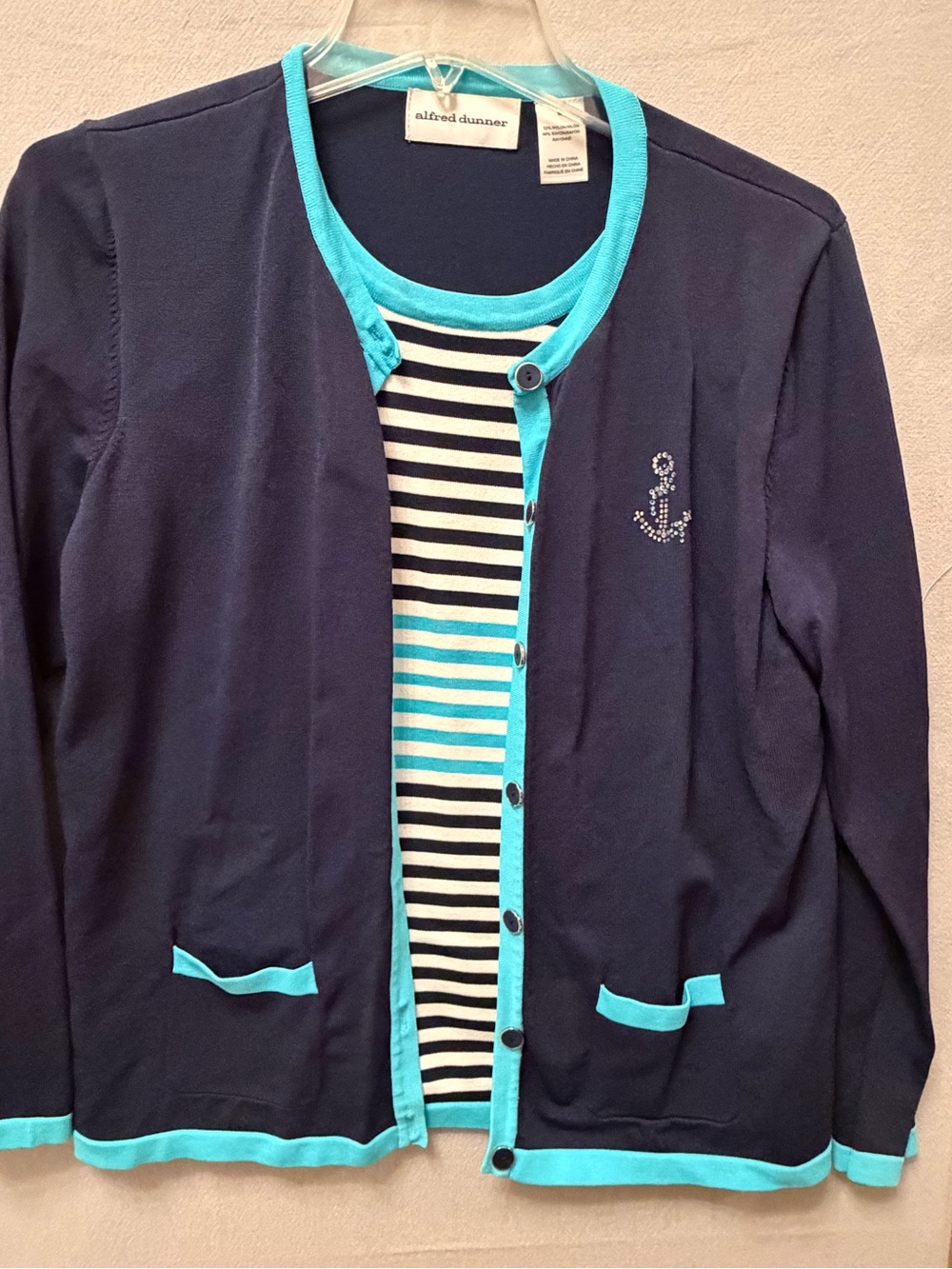 Alfred Dunner Navy Twinset Cardigan with Turquoise Trim Rhinestones size M